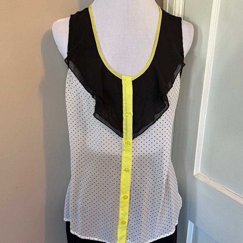 Maurice Sheer Front Ruffle Polkadot with Yellow Trim Tank Top Women's Large